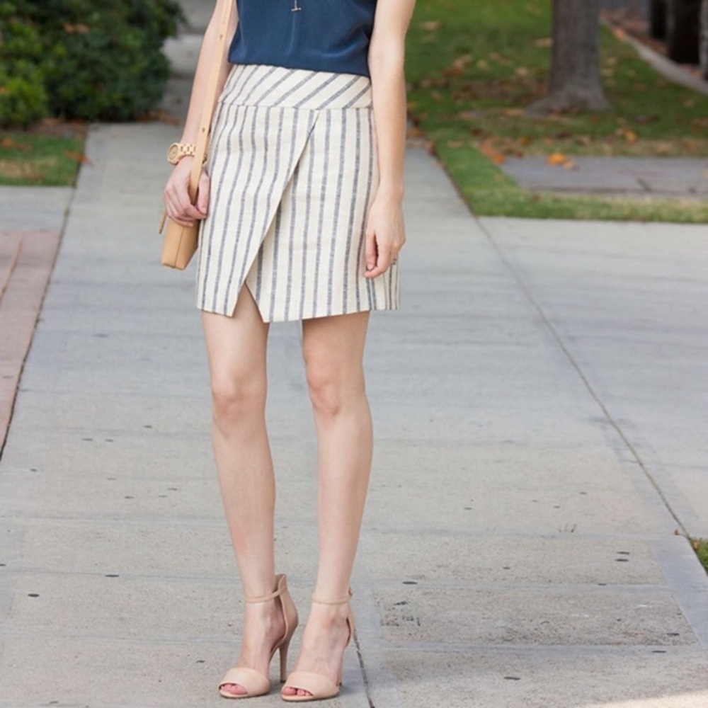 J. Crew White Stripe Linen Asymmetrical Crossover Skirt